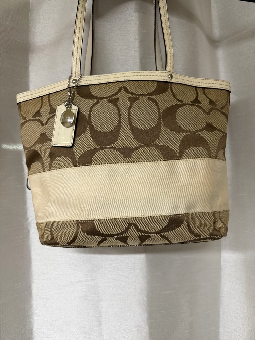 Coach Khaki Signature Canvas Tote with Cream Stripe